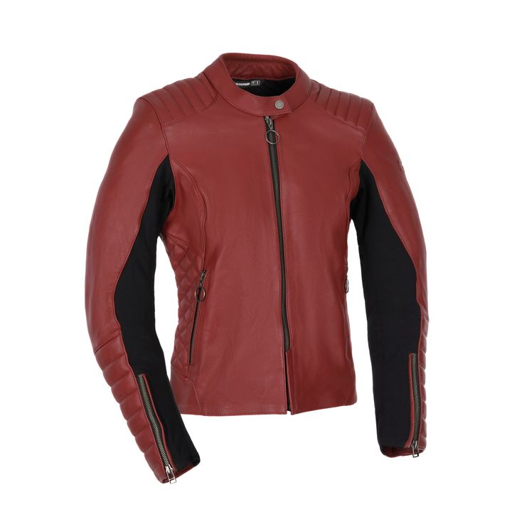 A red leather motorcycle jacket with quilted shoulder panels and black fabric inserts under the arms, featuring a central front zipper and zipper details on the cuffs.