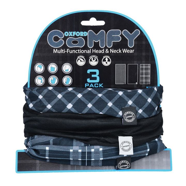 A "3 pack" of Oxford Comfy multi-functional head and neck wear, stacked and displayed in packaging with a black and blue color scheme, featuring different patterns including argyle and plaid.