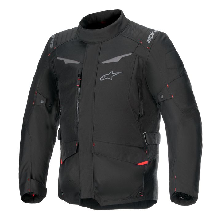 ST-1 WP Jacket A black motorcycle jacket with branded logos, adjustable straps on the sides, and red accent stitching on a white background.