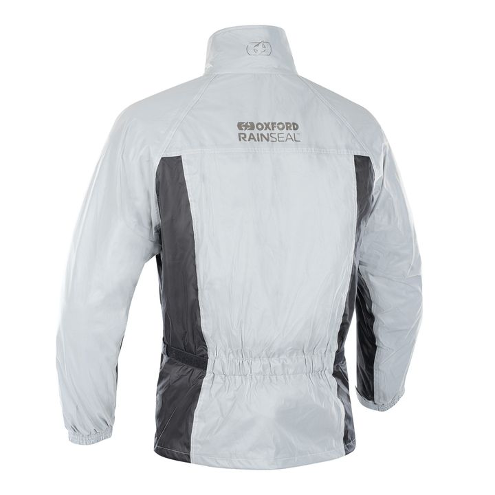 A light grey motorcycle rain jacket with black side panels, featuring the "Oxford Rainseal" logo on the back, displayed on a plain white background.