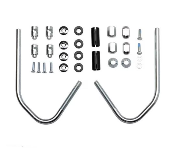 Sprint Flyscreen Mounting Kit Alt text: Various metal bicycle brake components and hardware, including two curved brake pipes and assorted nuts, bolts, and spacers, organized on a white background.