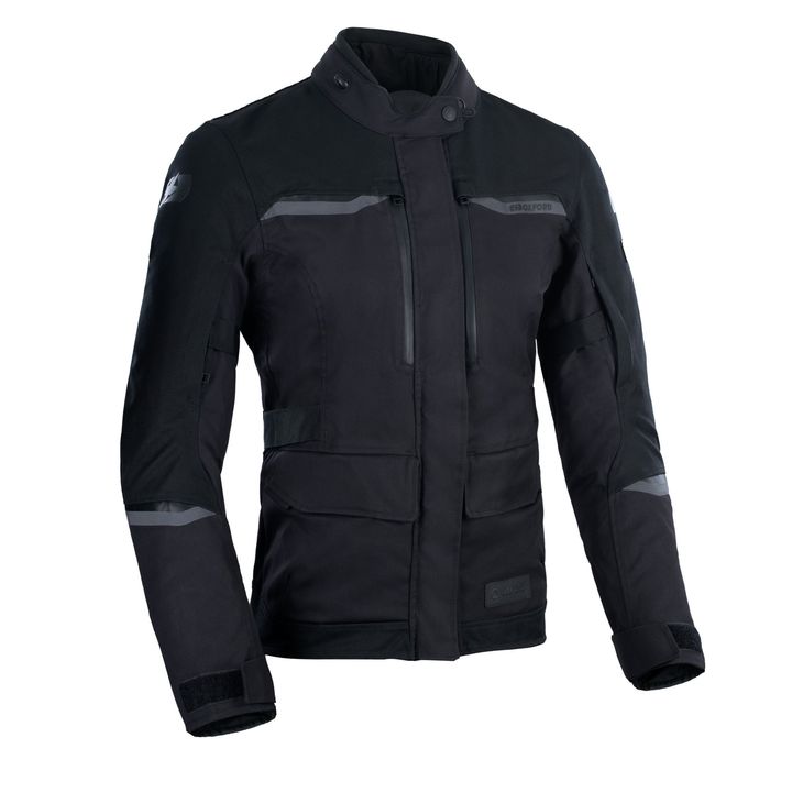 A black motorcycle jacket with reinforced padding on the shoulders and elbows, featuring reflective strips, multiple pockets, and a front zipper.