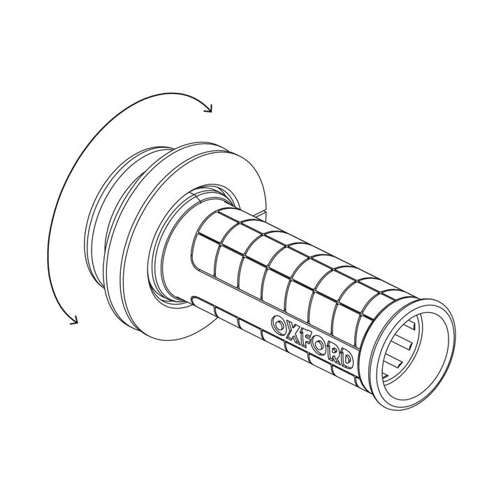 Line drawing of a motorcycle grip with a label 'OXFORD' on it, showing the profile and end view with rotation arrows around the end cap.