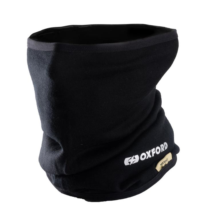 Oxford Deluxe Neck Tube Merino Black neck gaiter with the Oxford logo on the front, displayed against a white background.