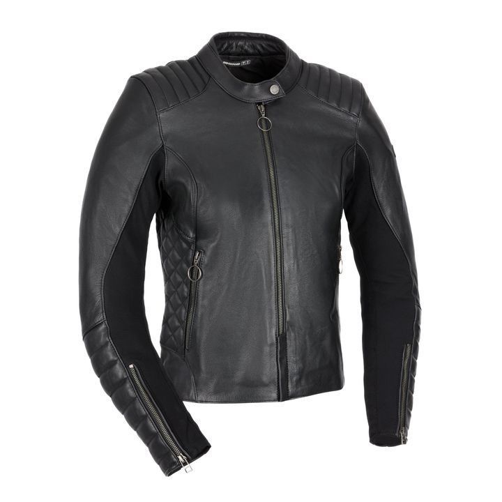 Radley Leather Women's Jacket A black leather jacket with quilted shoulder detailing and zippered cuffs, displayed against a white background.