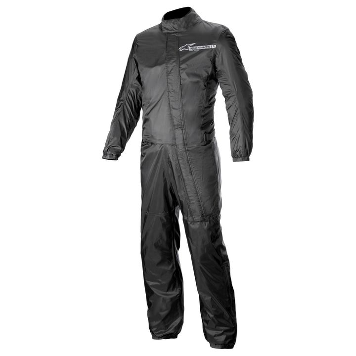 Hurricane Rain V2 Suit Black A black motorcycle rainsuit displayed on an invisible mannequin, featuring reflective stripes and brand logo on the chest.