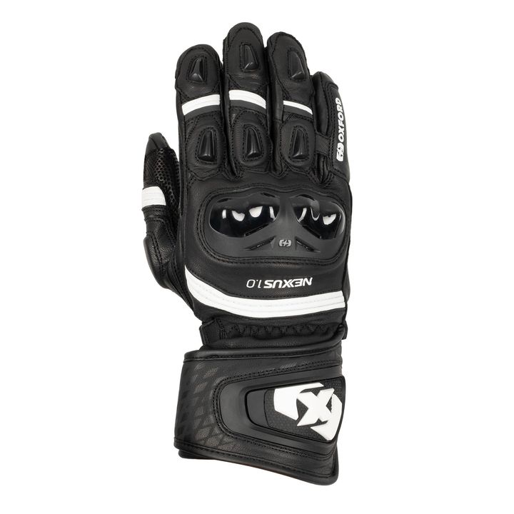 Oxford Nexus Glove Mens A single black and white motorcycle glove with armored knuckles and branded text.