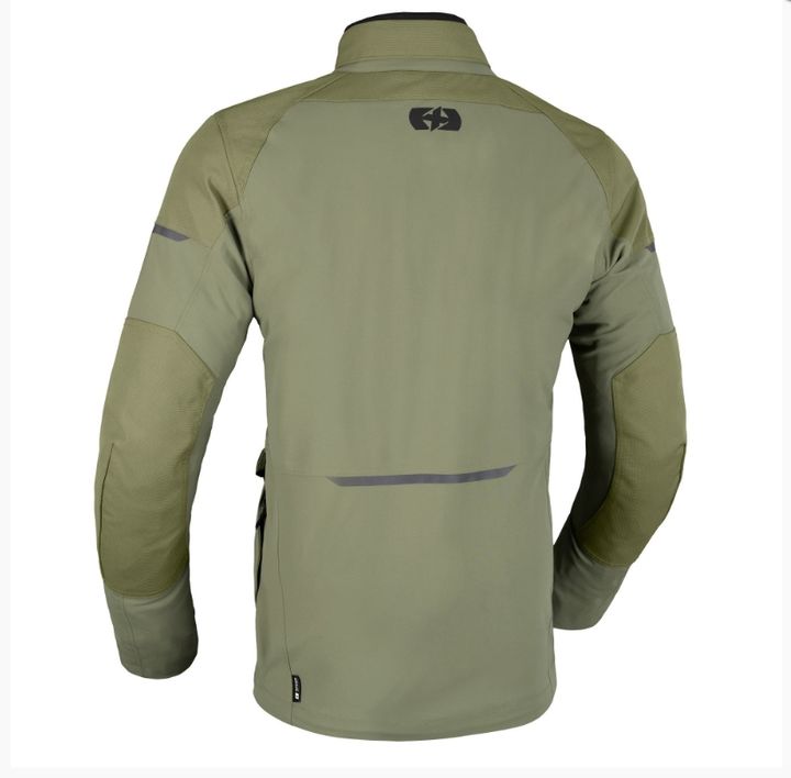 Rear view of an olive green tactical jacket with reinforced elbow patches, a horizontal zipper pocket on the lower back, and a brand logo on the upper back.