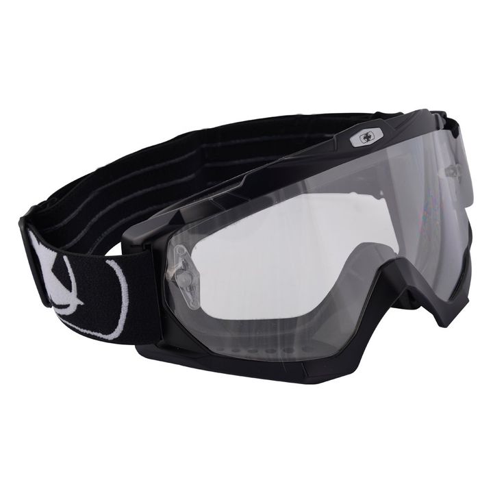 Black motocross goggles with a clear lens and an adjustable strap on a white background.