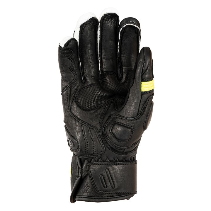 Black motorcycle glove with reinforced padding and white detailing on the knuckles against a white background.