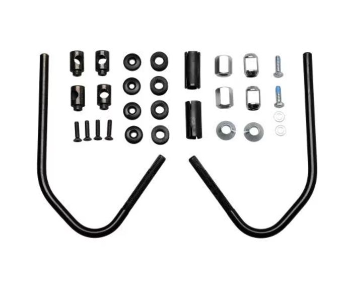 Alt text: An assortment of automotive sway bar links and suspension component parts laid out on a white background. Includes metal rods, bushings, bolts, nuts, and washers.