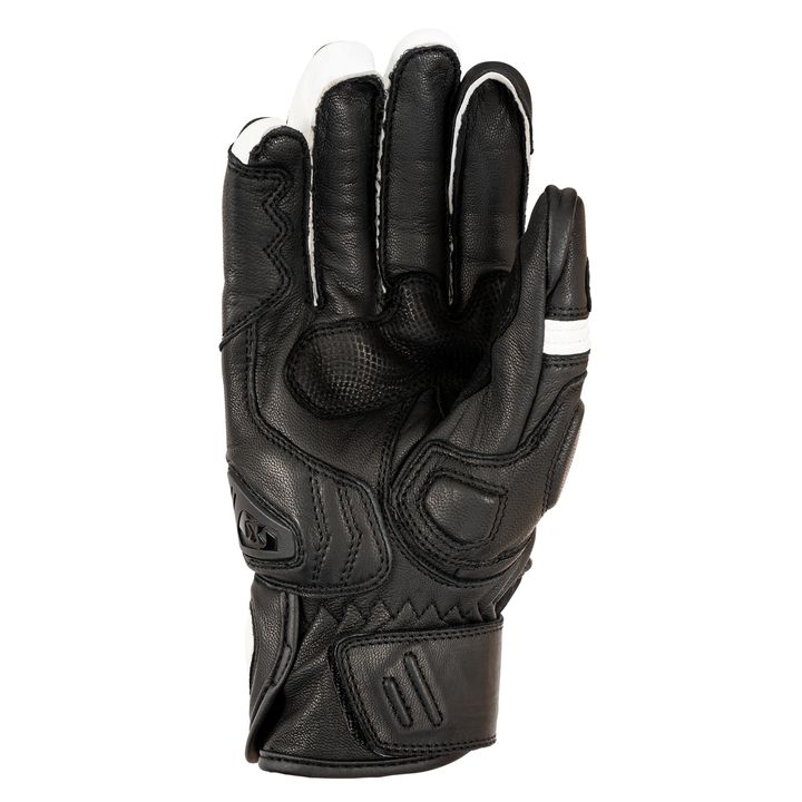 A single black leather motorcycle glove with protective padding and mesh fabric detailing on a white background.