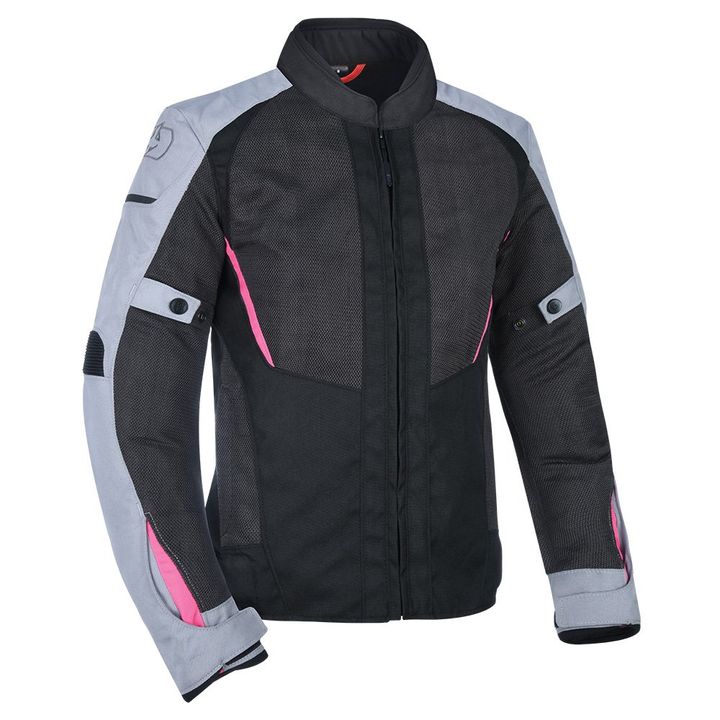 A motorcycle jacket with black mesh, gray and pink accents, and protective padding on a white background.