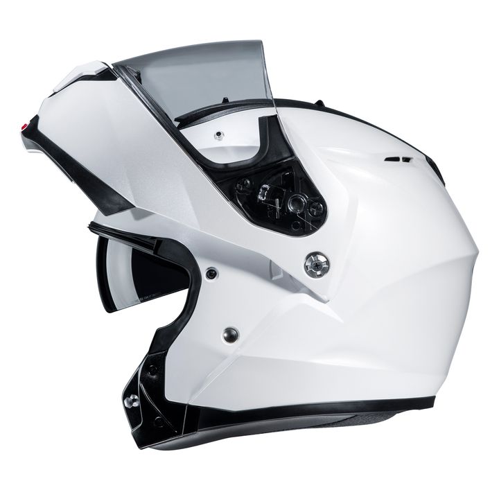 A white full-face motorcycle helmet with a raised visor, isolated on a white background.