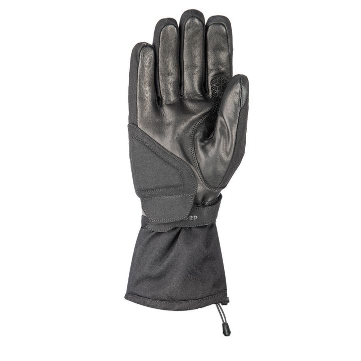 Black leather and textile winter glove against a white background.