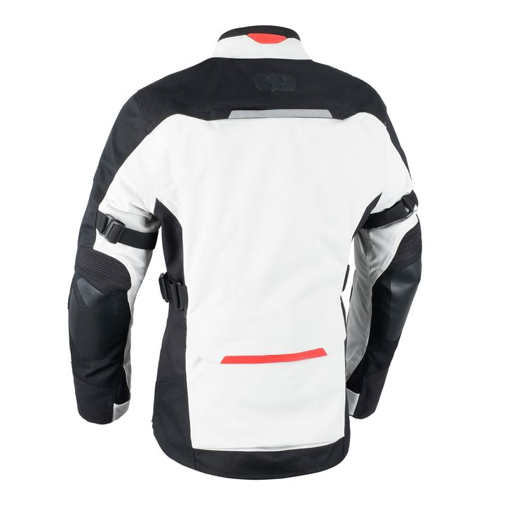 Rear view of a black and white motorcycle jacket with padded elbow protectors and reflective details on a white background.