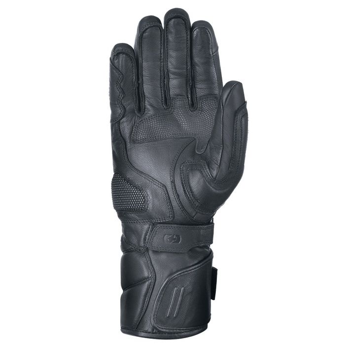 Alt text: A single black leather motorcycle glove with reinforced padding and wrist strap.