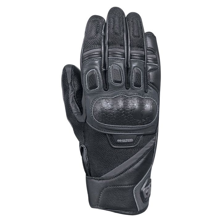 A single black motorcycle glove with reinforced knuckle protection and branded with "OXFORD" on the wrist strap.