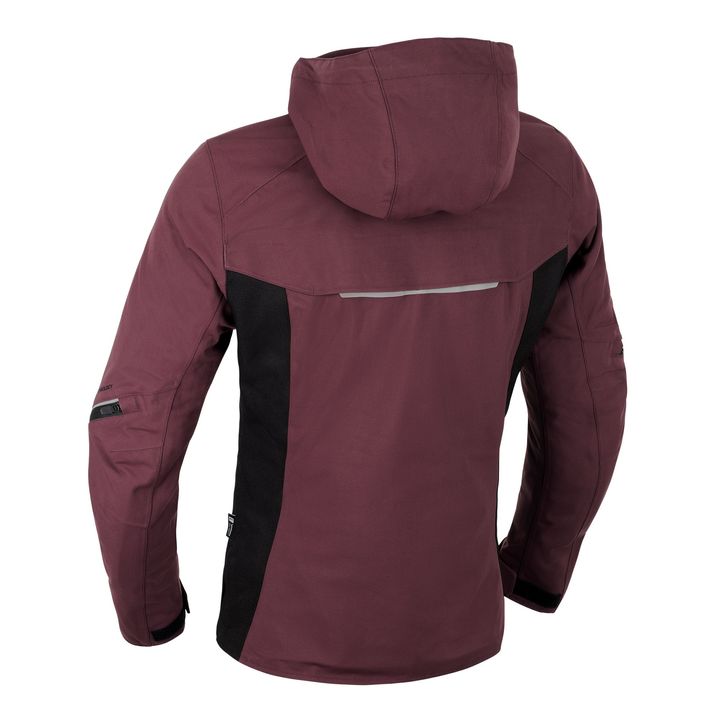 A burgundy outdoor jacket with a hood, black side panels, and a silver reflective strip on the back, displayed on a white background.