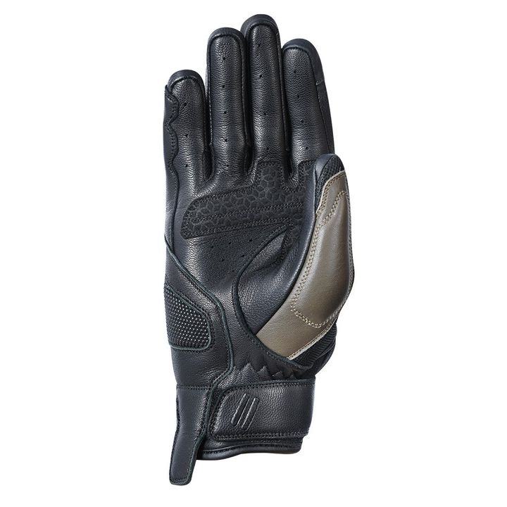 Alt text: A single black leather motorcycle glove with padded protection and mesh inserts on a white background.