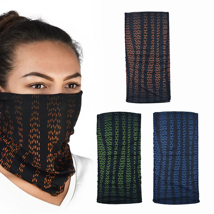 A woman wearing a black neck gaiter with orange stitching covering her mouth and nose, with two additional gaiters, one with green and another with blue stitching, displayed to the right.