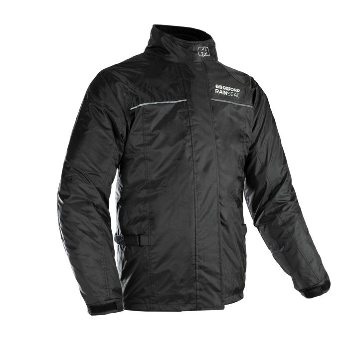 Oxford Rainseal Over Jacket Black rainproof jacket with reflective stripes and logo on left chest area, displayed against a white background.