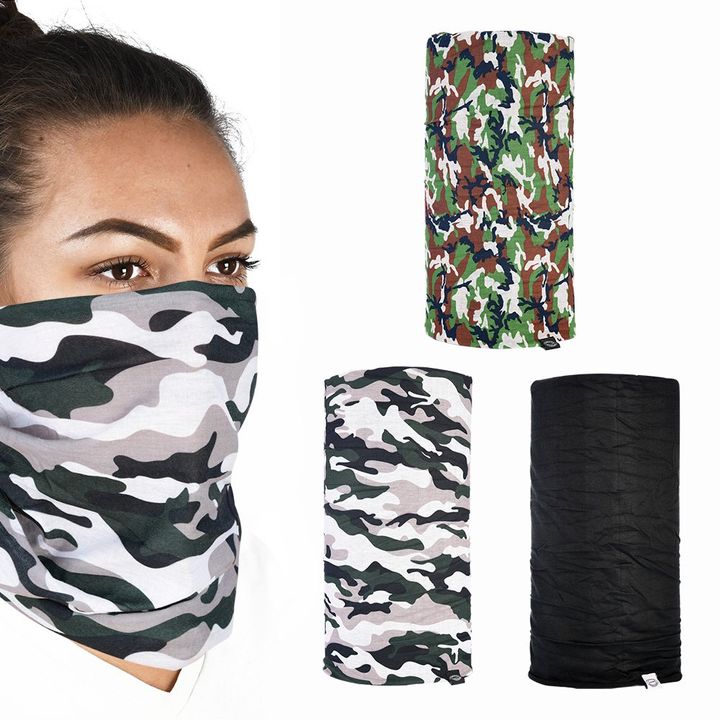 A collage of four different images featuring multi-functional headwear or neck gaiters with various camouflage patterns, including one being worn as a face mask by a woman.