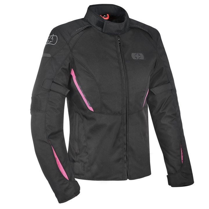 A black motorcycle jacket with pink accents and protective padding on the shoulders and elbows, shown on a white background.