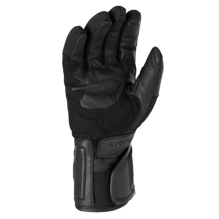 Black leather motorcycle glove isolated on a white background.