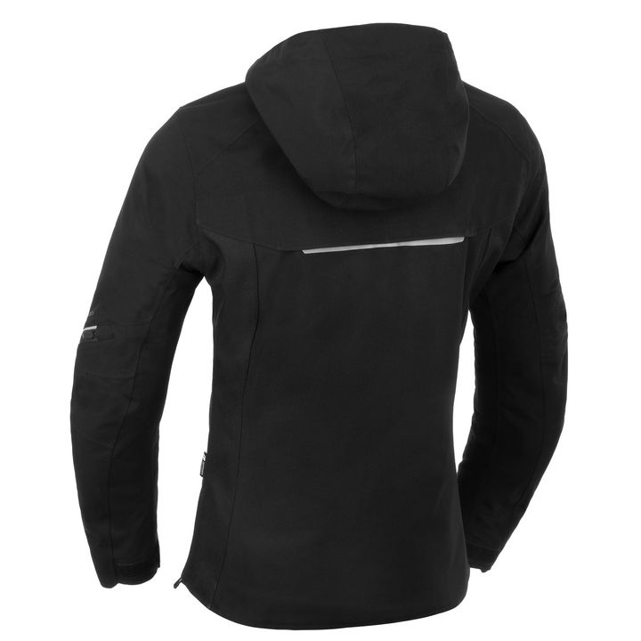 A rear view of a black outdoor jacket with a hood and a reflective horizontal stripe across the upper back.