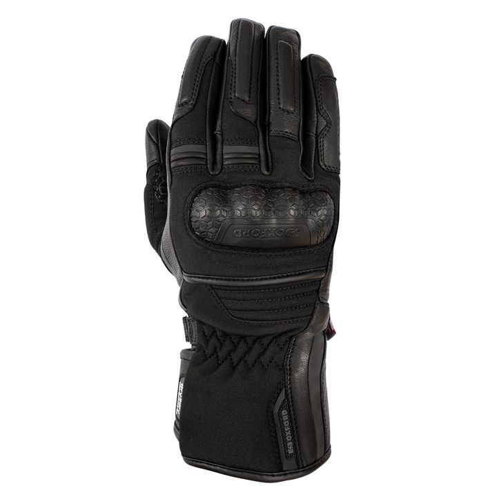 Hexham WP Women's Gloves Alt text: A single black motorcycle glove featuring reinforced padding on the back and a secured wrist strap, displayed against a white background.