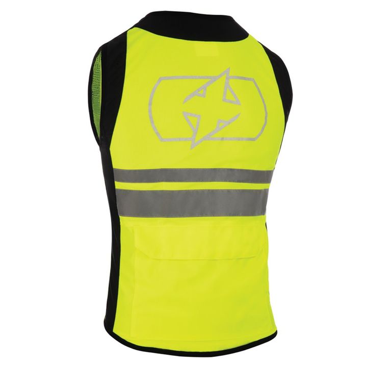 High-visibility safety vest with reflective stripes and an emblem on the back, isolated on a white background.