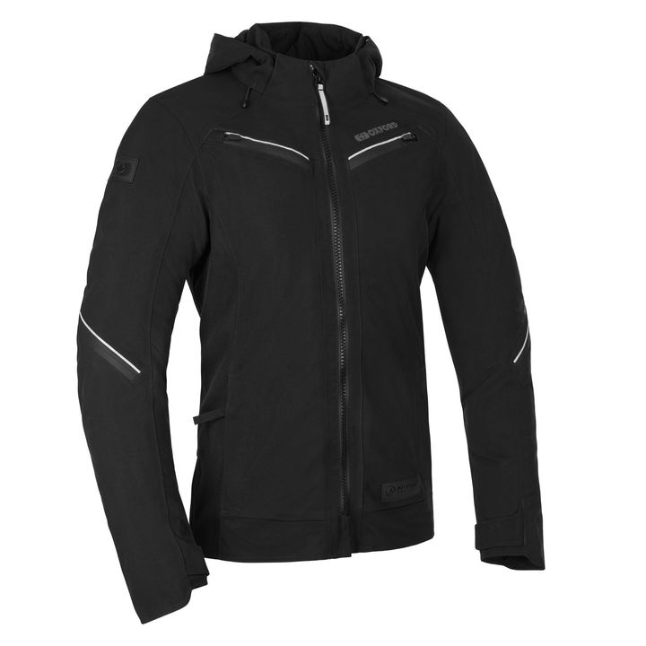 This image shows a black technical outdoor jacket with a front zip closure, side pockets, reflective trim, a hood, and a brand name on the chest.