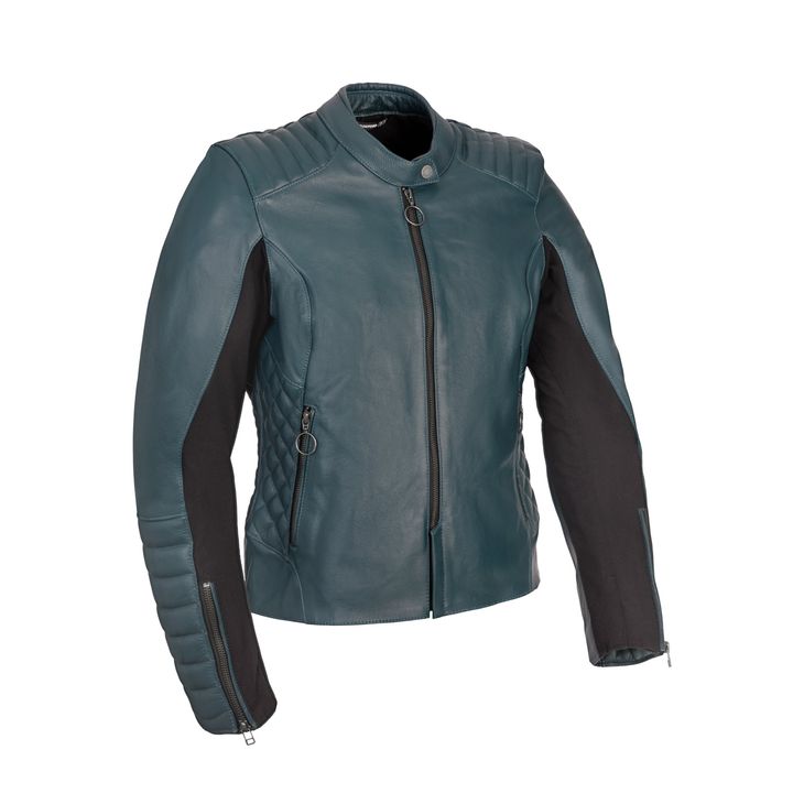 A teal leather jacket with quilted shoulder detail, zipped front closure, and zippered sleeve cuffs, displayed against a white background.