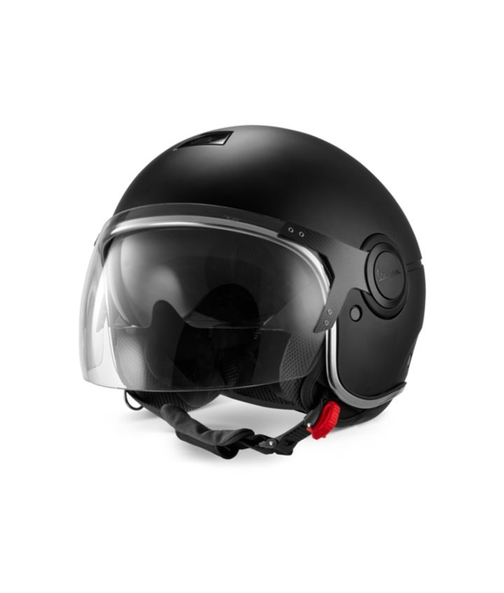 A black motorcycle helmet with a clear visor and a chin strap against a white background.