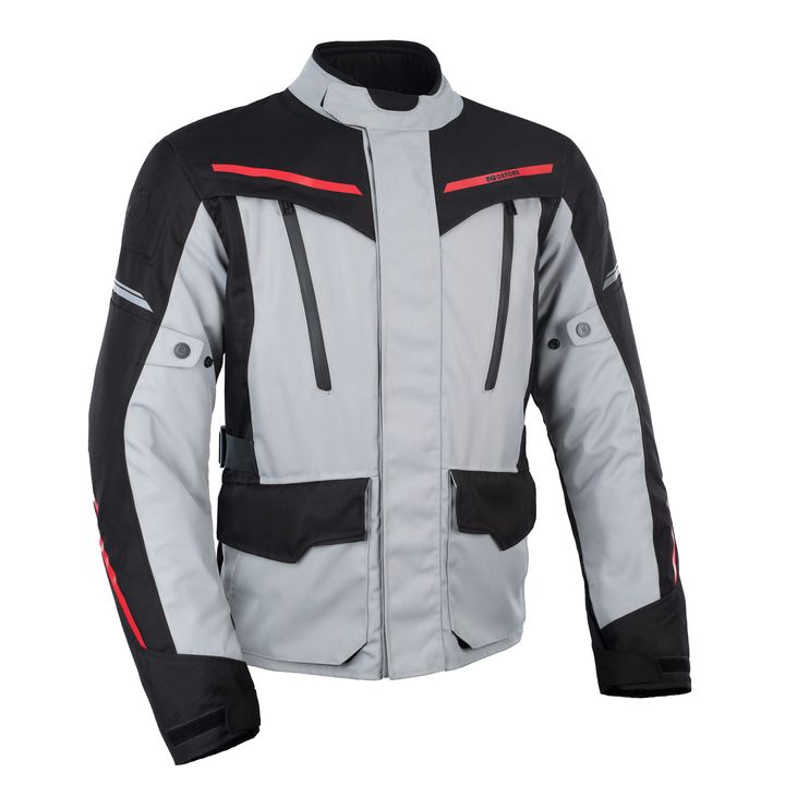 Motorcycle jacket with protective padding, featuring a light gray body with black accents, red details on the shoulders, and multiple zippered pockets, displayed on a white background.