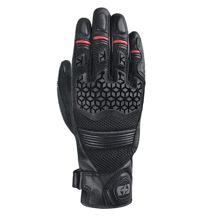 Oxford Rockdale Men's Gloves A single black motorcycle glove with reinforced knuckle protection and red accents on the fingers.