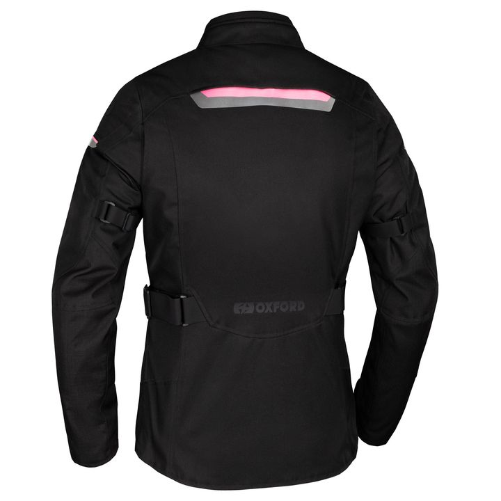 Rear view of a black Oxford motorcycle jacket with reflective pink detailing on the upper back, adjustable straps on the sides, and the brand logo on the lower back.