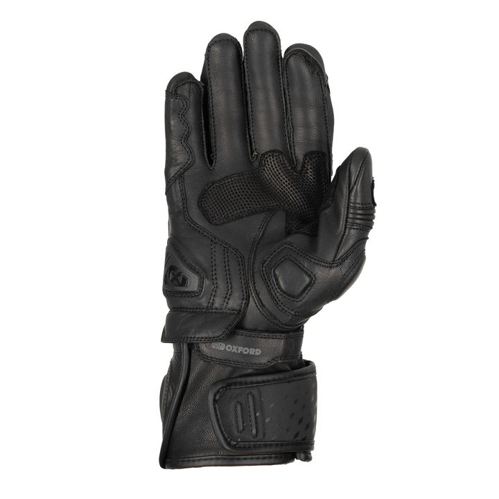 A black motorcycle glove displayed against a white background.