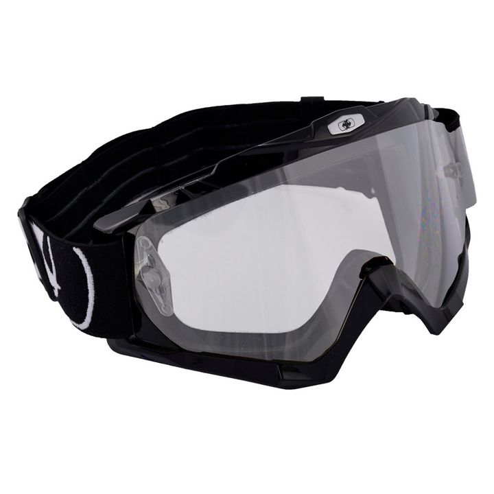 Oxford Assault Pro Goggle A pair of black motocross goggles with a clear lens and an adjustable strap on a white background.