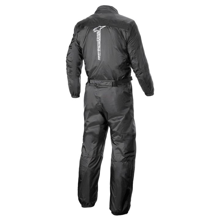 Rear view of a black motorcycle rain suit displayed on a mannequin against a white background.