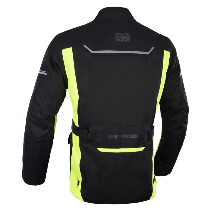 A rear view of a black and neon yellow motorcycle jacket with reflective stripes and the Oxford logo.