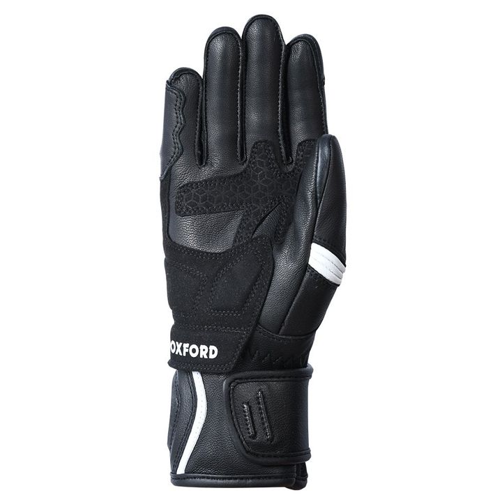 A single black motorcycle glove with reinforced padding and white accent stripes, displaying the "OXFORD" brand name on the wrist strap.