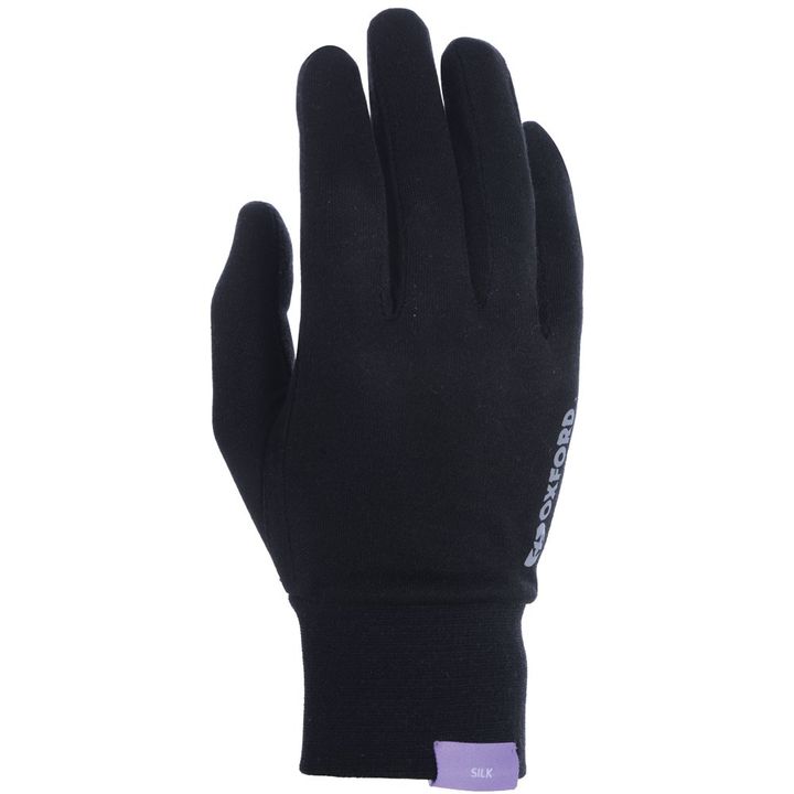 Oxford Deluxe Gloves Silk A black glove with the word "OXFORD" printed along the index finger and a purple tag marked "SILK" at the wrist.