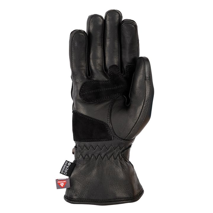 A single black leather glove with a branded tag, displayed against a white background.