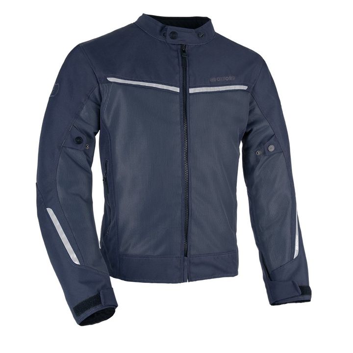 A navy blue motorcycle jacket with reflective stripes, a front zipper, a mandarin collar, and the Oxford logo on the chest.