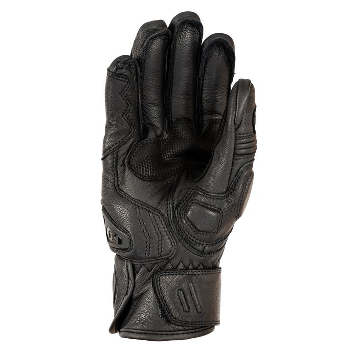 A single black motorcycle glove displayed with fingers up and palm facing the viewer on a white background.