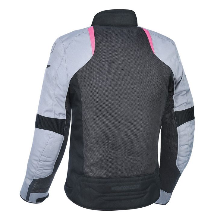 Back view of a motorcycle jacket featuring a combination of gray and black textiles with pink accents on the shoulders and a brand logo on the lower back.