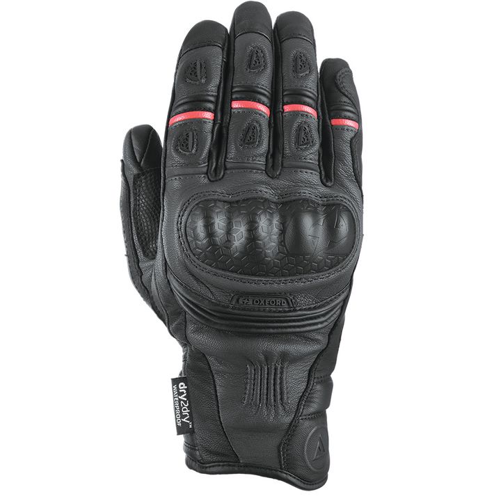 Mondial Short Gloves Mens Black leather motorcycle glove with reinforced knuckles and red stitching details, displaying the brand Oxford.