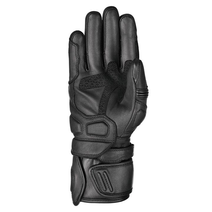 A single black leather motorcycle glove against a white background.